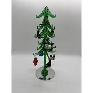 Hand‎ Blown Art Glass Christmas Tree w Hanging Glass Birds Tabletop Display 9.5"